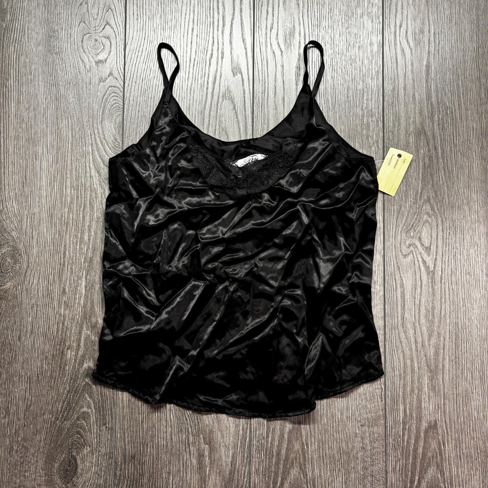 Vintage 1980s Try One Silk Satin Black Slip Top Lace Pyjama Sleek Small New